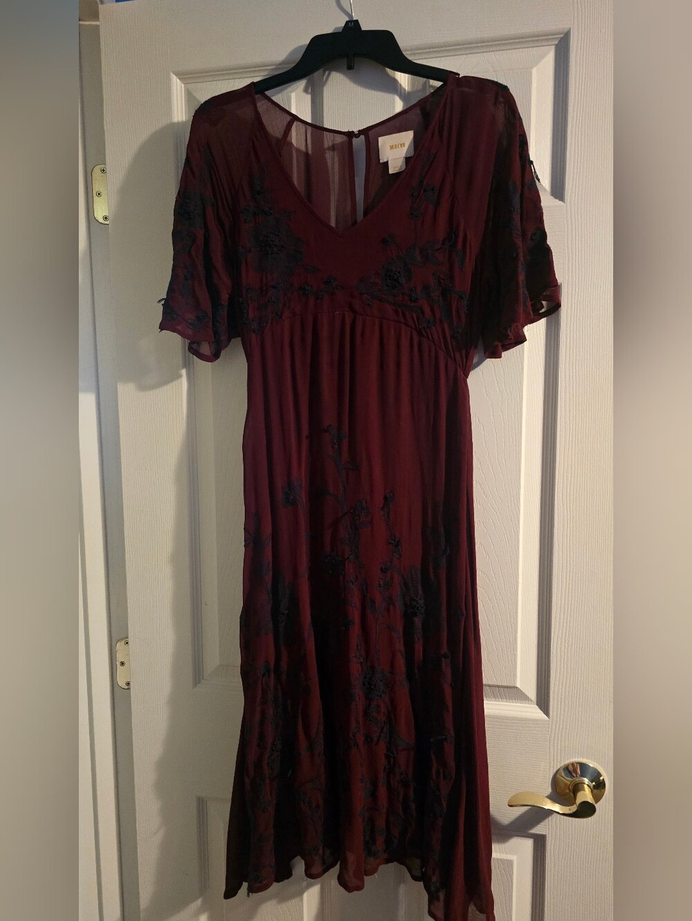 Maeve Burgundy Dress with Black Floral Embroidery
